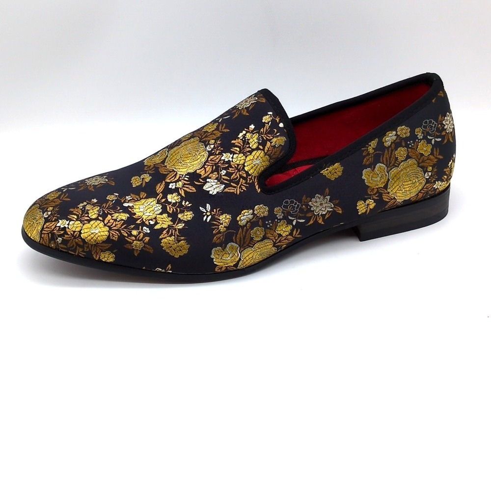 Jitai Shoes Mens Black Gold Floral 12 Loafers Slip On Ornate Tapestry Brocade